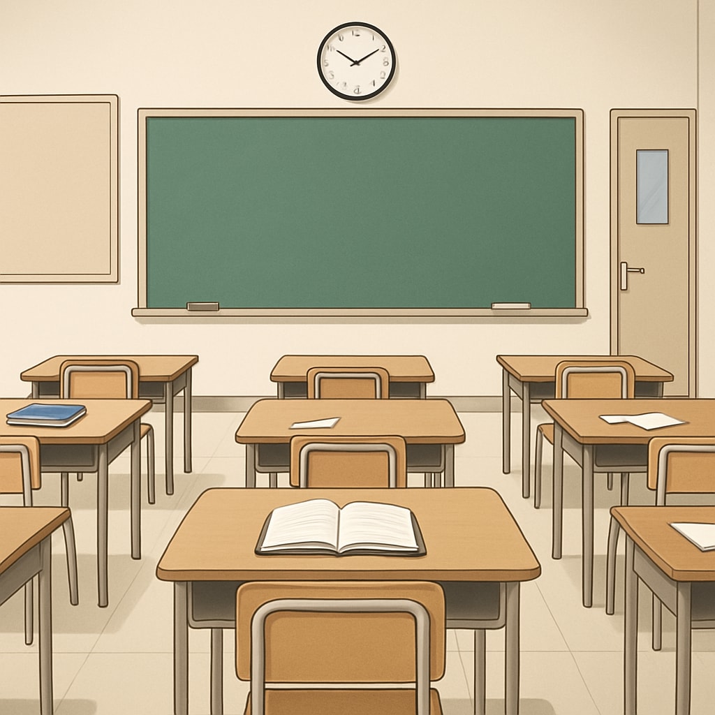 An empty classroom symbolizing the struggle faced by students unable to transfer to better schools. Empty classroom representing barriers in school transfers