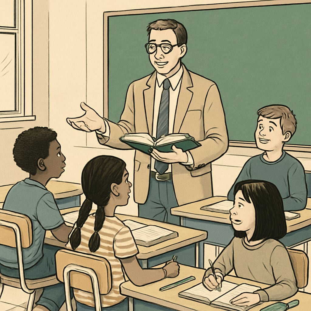 A substitute teacher engaging with students during a disrupted school day caused by coordinated teacher absences. Substitute teacher filling in during