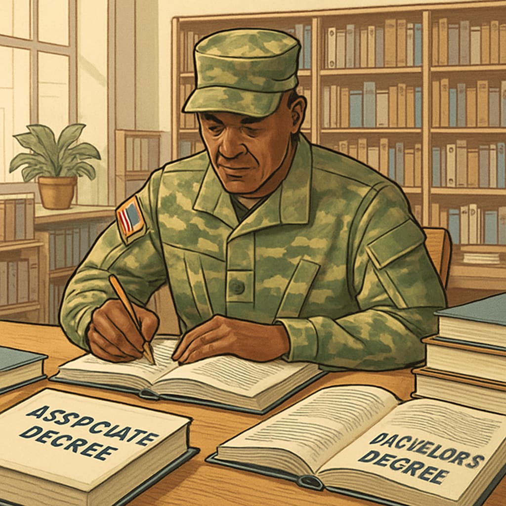 A veteran studying in a library, symbolizing the journey from associate to bachelor's degree. Veteran studying in a library, representing the pursuit of a bachelor's degree in automotive technology.