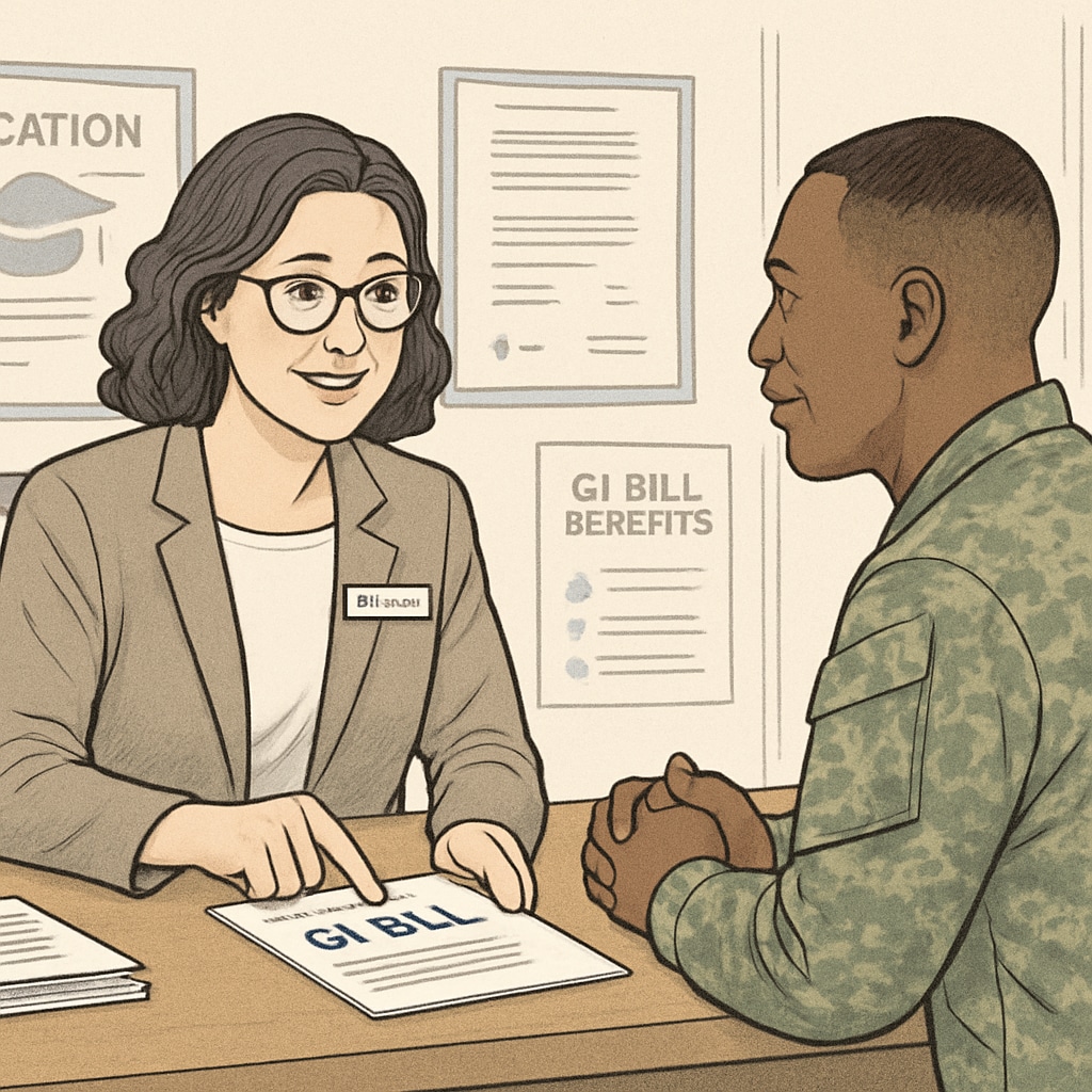 A financial aid counselor discussing GI Bill benefits with a veteran. Financial aid counselor assisting a veteran with GI Bill education benefits.