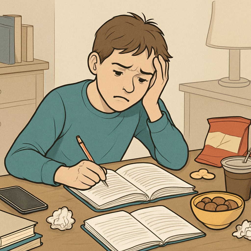 A teenager sitting at a desk, struggling with homework while surrounded by distractions such as a smartphone and snacks. A teenager struggling with academic challenges and distractions like a smartphone and snacks.