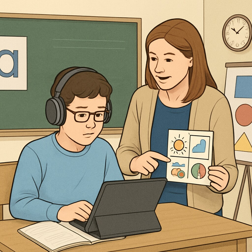 A classroom setting showing a teacher assisting a student with learning disabilities using tailored tools like visual aids and adaptive technologies. Teacher assisting a student with learning disabilities using adaptive tools.