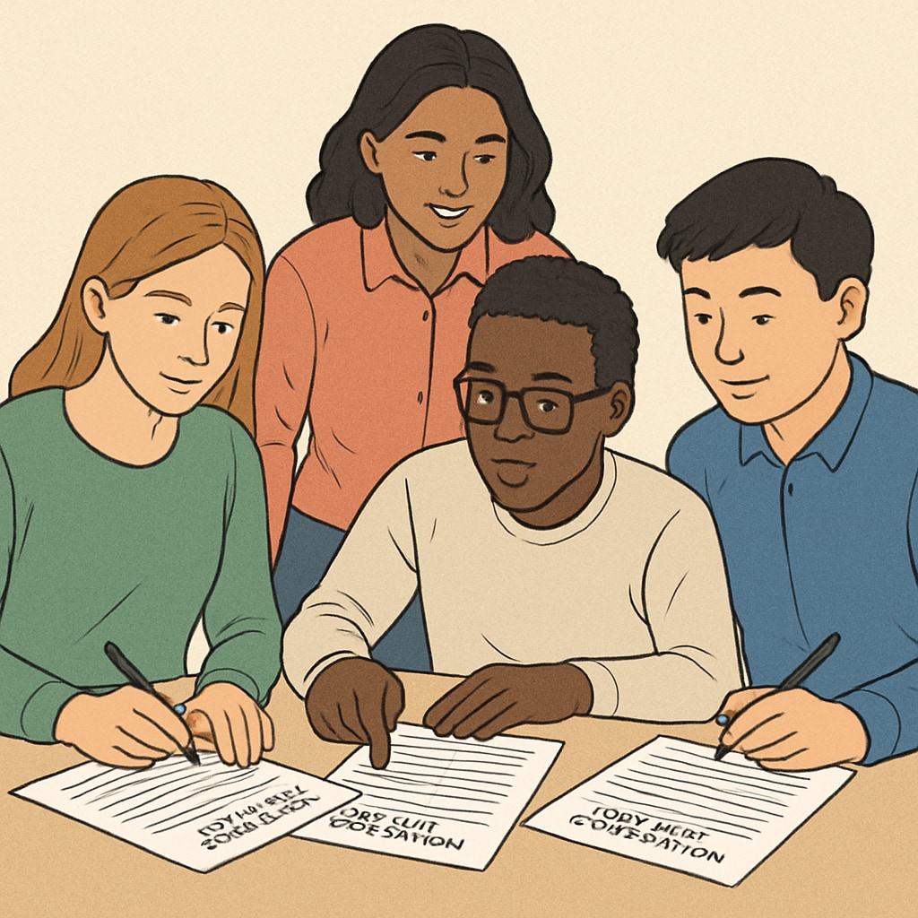 A group of international students reviewing college application forms together, symbolizing diversity and collaboration. International students discussing U.S. university applications for data science programs.