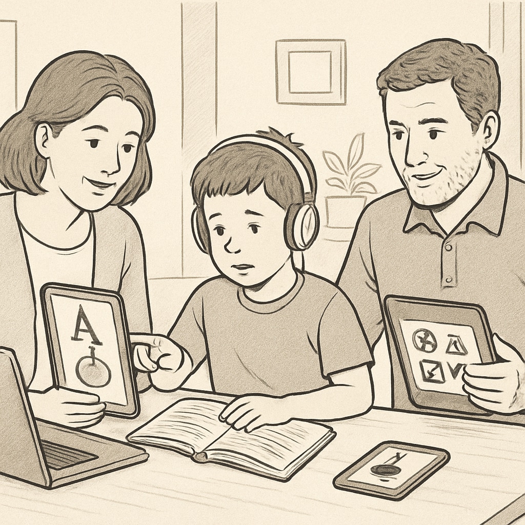 A family at home assisting their child with learning disabilities, using educational apps and adaptive learning tools. Family supporting a child with learning disabilities at home.