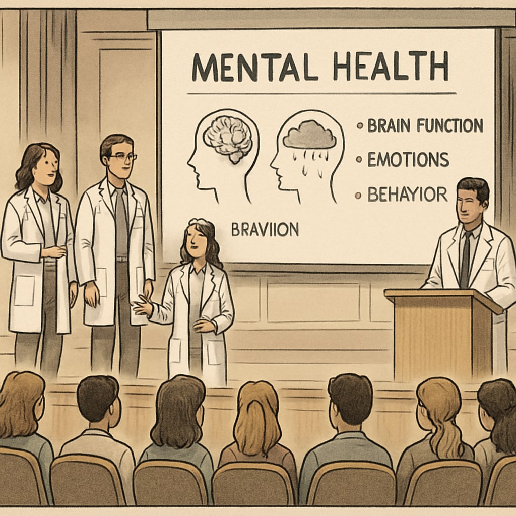 A group of medical students giving a lecture on mental health in a high school auditorium. Medical students discussing mental health with high school students during a school assembly.