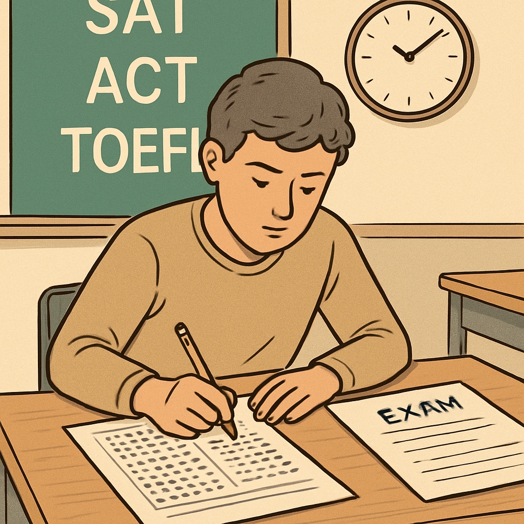 A student taking a standardized test, representing the importance of exams like SAT, ACT, and TOEFL for university admissions. Student sitting for a standardized test required for U.S. university applications.