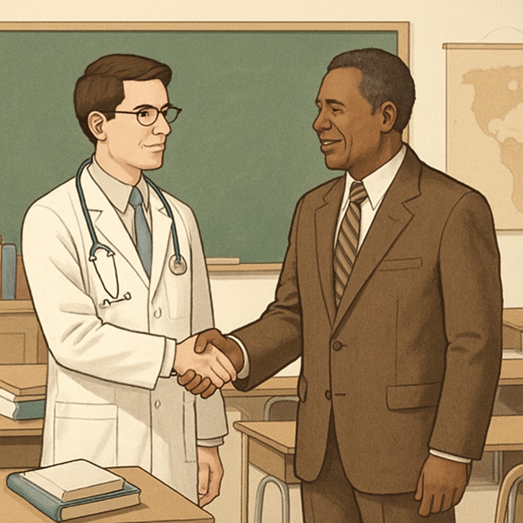 A medical student shaking hands with a school principal in a classroom setting. Medical student building a partnership with a high school for mental health education.