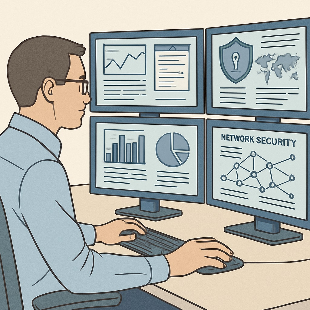 A professional cybersecurity analyst monitoring network data on multiple screens. Cybersecurity analyst monitoring network data for threats and vulnerabilities.