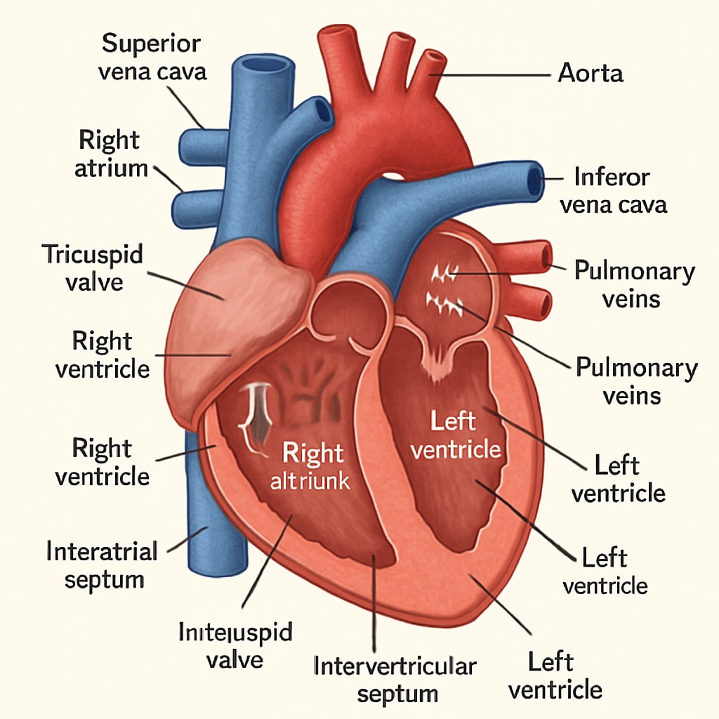 A diagram showing the heart's anatomy with labeled components, designed for educational use by non-medical learners. Heart anatomy diagram for non-medical backgrounds, highlighting key components.