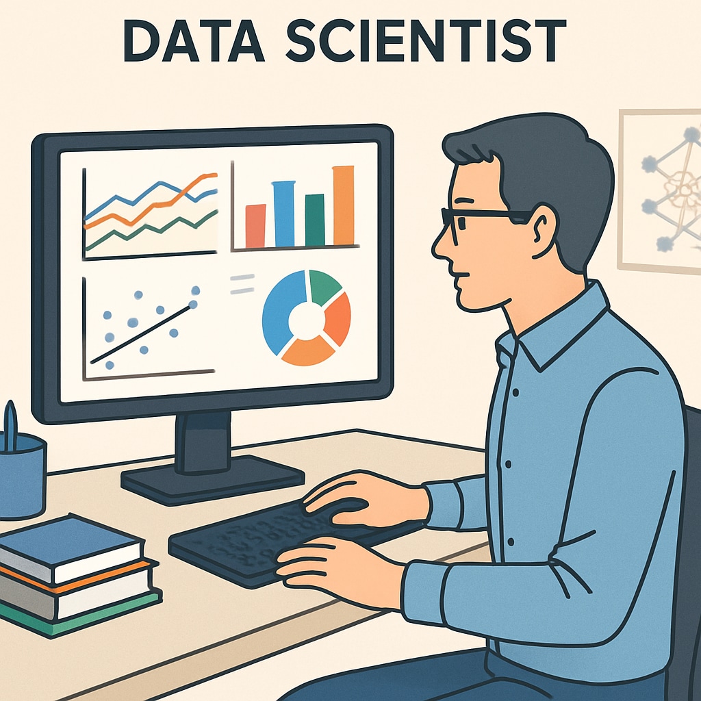 A data scientist working on machine learning algorithms with graphs displayed on a computer screen. Data scientist analyzing datasets and creating machine learning models.
