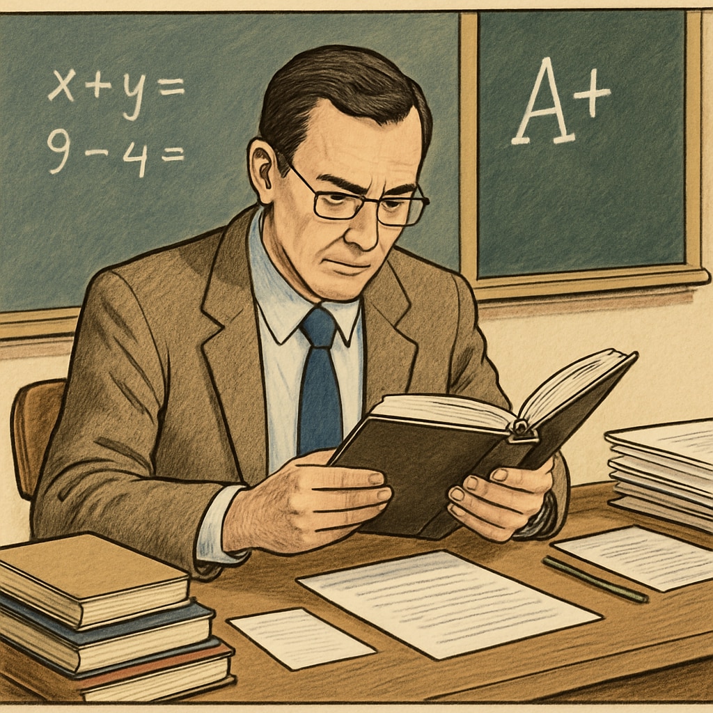 A teacher evaluating a book in a classroom setting, representing text complexity assessment. Teacher assessing text complexity for classroom use
