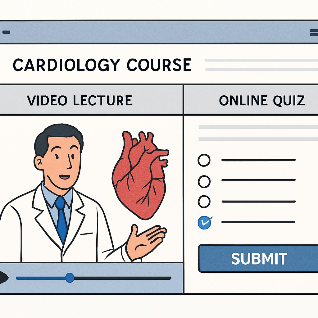A screenshot of an online cardiology course showing a video lecture and interactive quiz interface. Online cardiology course screenshot with video lecture and quiz for learners.