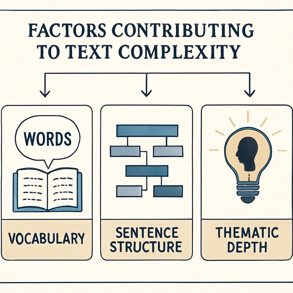 An infographic showing the factors contributing to text complexity, such as vocabulary, sentence structure, and thematic depth. Infographic illustrating key elements of text complexity