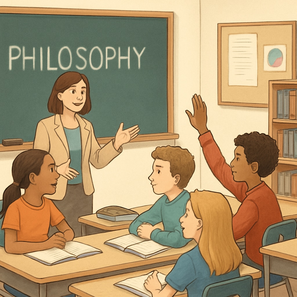 A classroom setting with students engaged in philosophical discussion led by a teacher. Students discussing philosophical ideas with a teacher in a classroom.