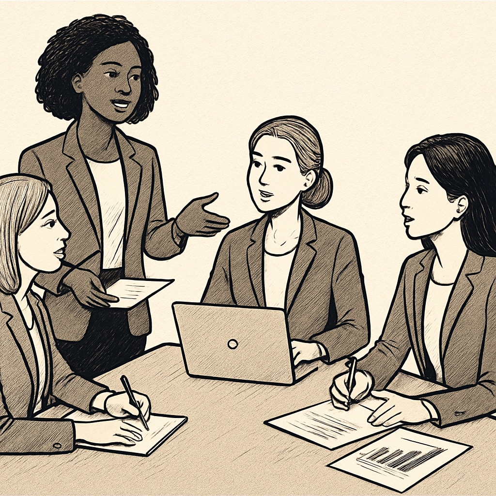 Women entrepreneurs engaging in a collaborative business meeting, representing leadership and communication in practice. Women entrepreneurs discussing leadership strategies in a meeting.