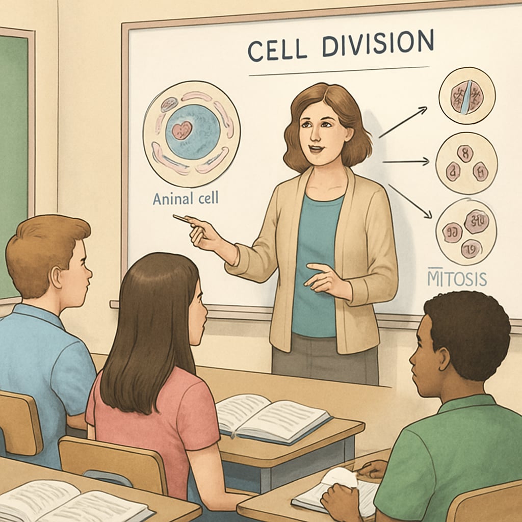 A classroom setting where a teacher is explaining a biological concept to engaged high school students. Biology teacher explaining a concept to high school students in a classroom.