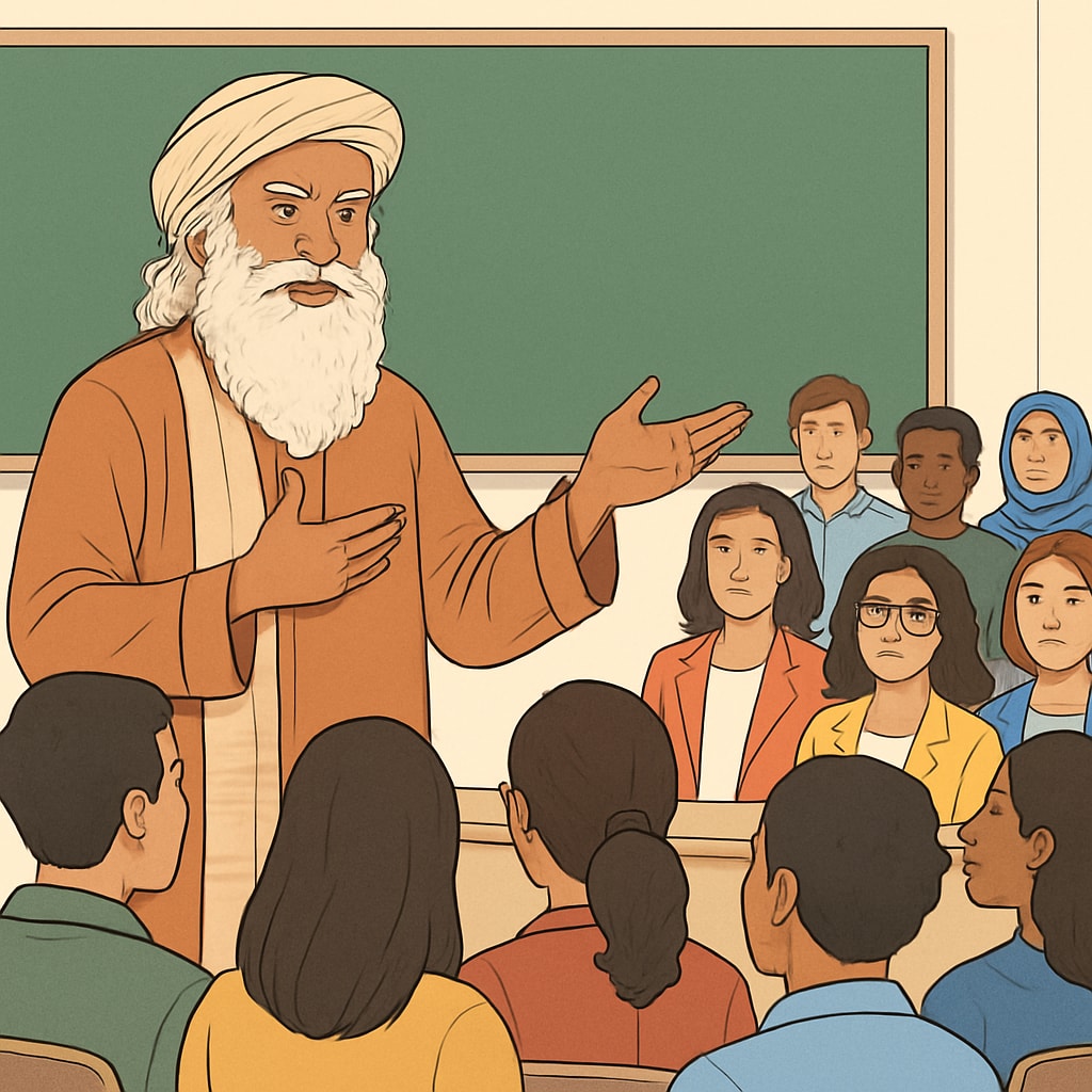 Sadhguru delivering a motivational speech to a diverse audience, including women entrepreneurs. Sadhguru sharing leadership insights with women entrepreneurs at a public event.