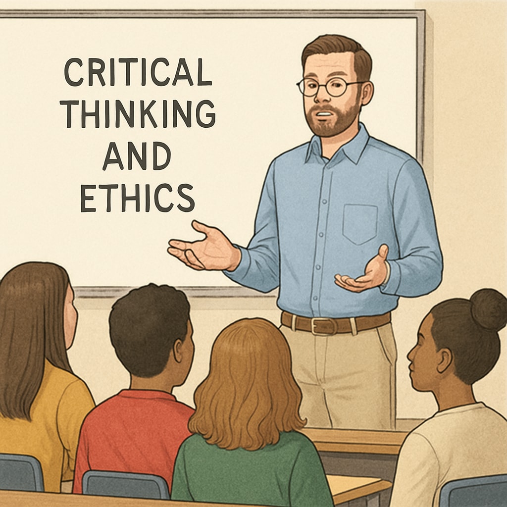 A teacher explaining philosophical concepts to students, with a whiteboard displaying Philosophy teacher leading a discussion on critical thinking and ethics in a classroom.