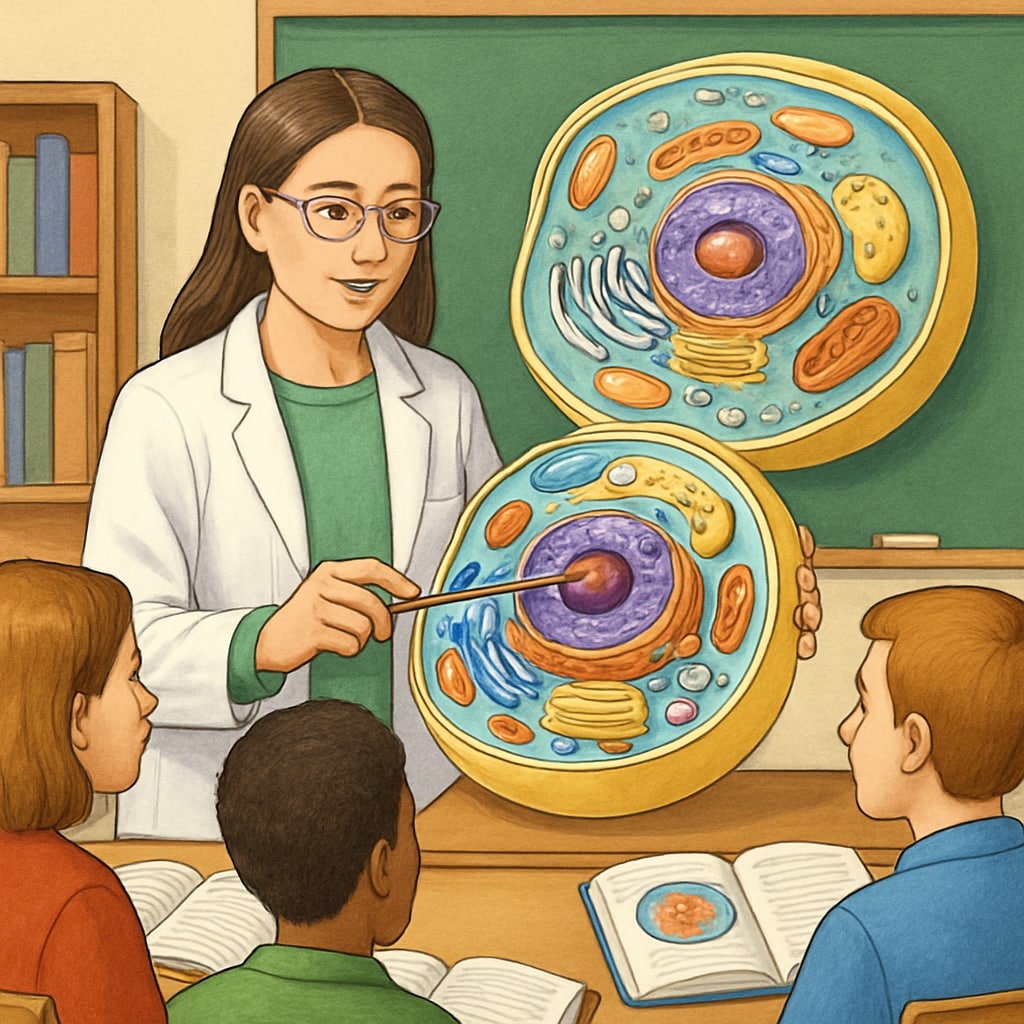 A biology graduate teaching a group of students about the structure of a cell using a 3D model. Biology graduate using a 3D cell model to teach students about cell structure.