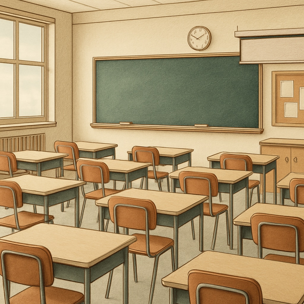 A classroom with empty desks symbolizing the impact of reduced student enrollment due to voucher programs. Empty classroom desks representing the effects of education voucher programs on public schools.