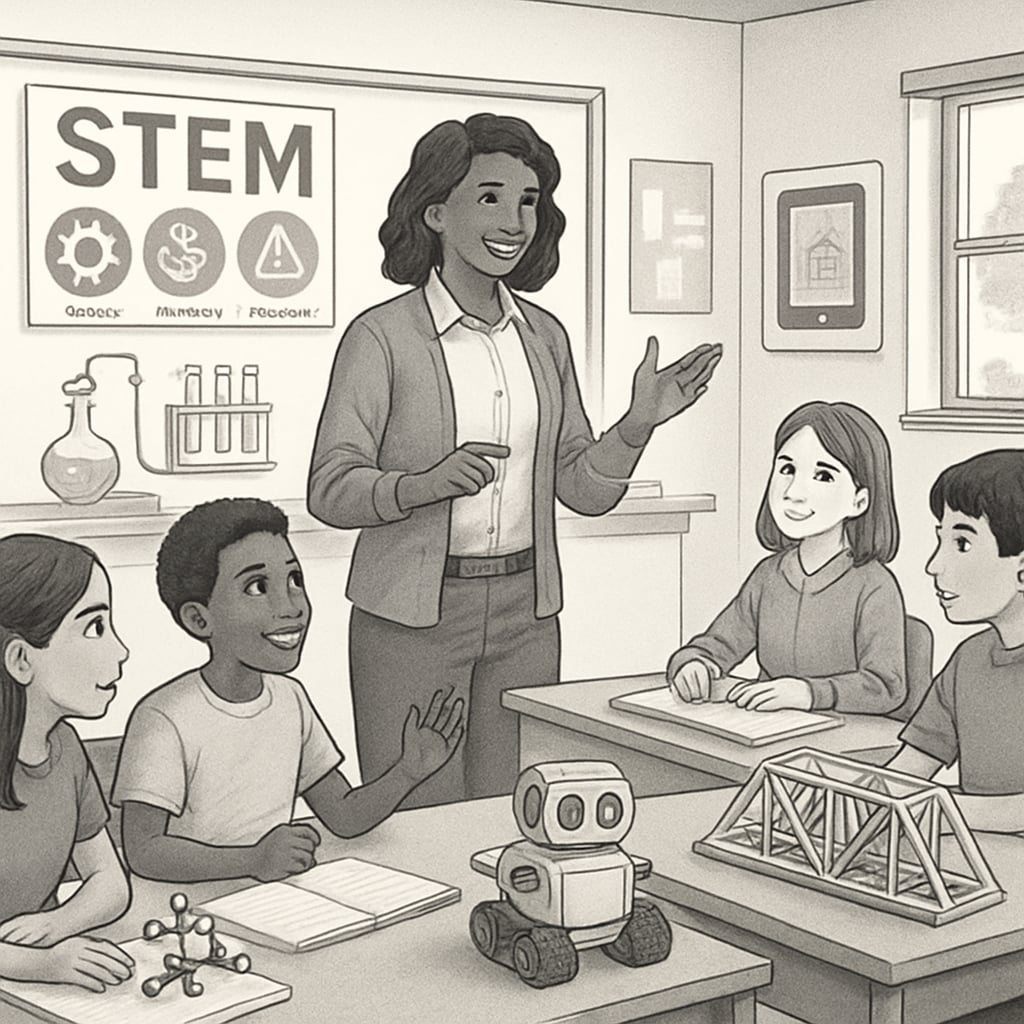 A teacher engaging students with a STEM-based lesson, illustrating innovative curriculum efforts in public schools. STEM lesson in a public school showcasing efforts to attract students amidst voucher program challenges.