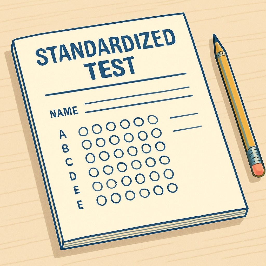 Standardized test booklet and pencil on a desk, American education assessment.