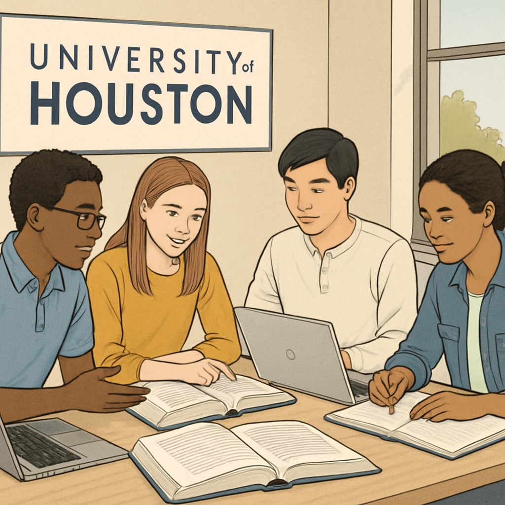 A diverse group of students collaborating in a study room at the University of Houston, with textbooks and laptops visible on the table. University of Houston students collaborating in a study group with educational resources.