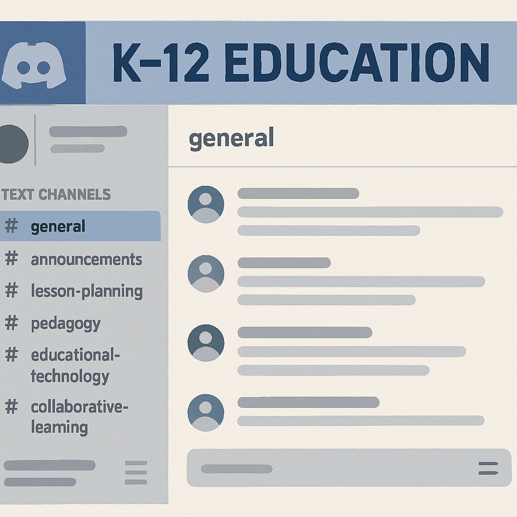 A screenshot of a well-organized Discord server for K12 education students, featuring channels for different topics such as lesson planning and pedagogy discussions. Screenshot of a Discord server tailored for K12 education students at the University of Houston.