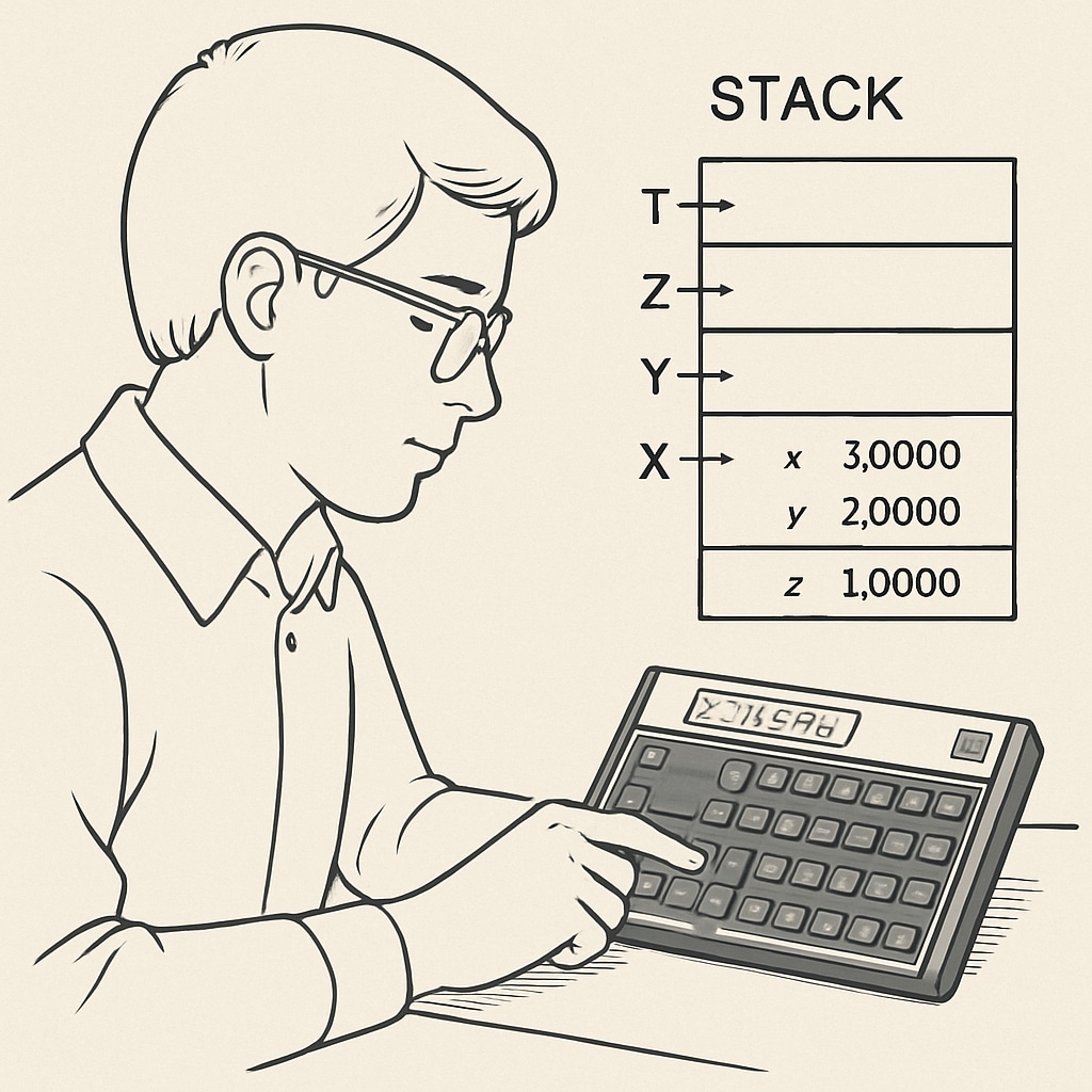 A student using an HP 11C calculator, illustrating its stack-based logic. A student demonstrating the use of an HP 11C calculator.