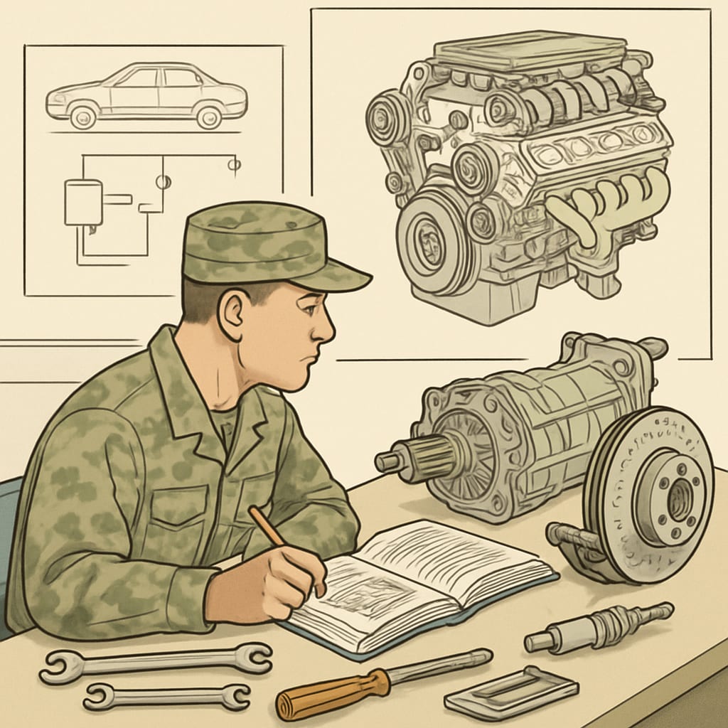 A professional image showing a military veteran studying automotive technology, with tools and technical diagrams visible. Military veteran studying automotive technology