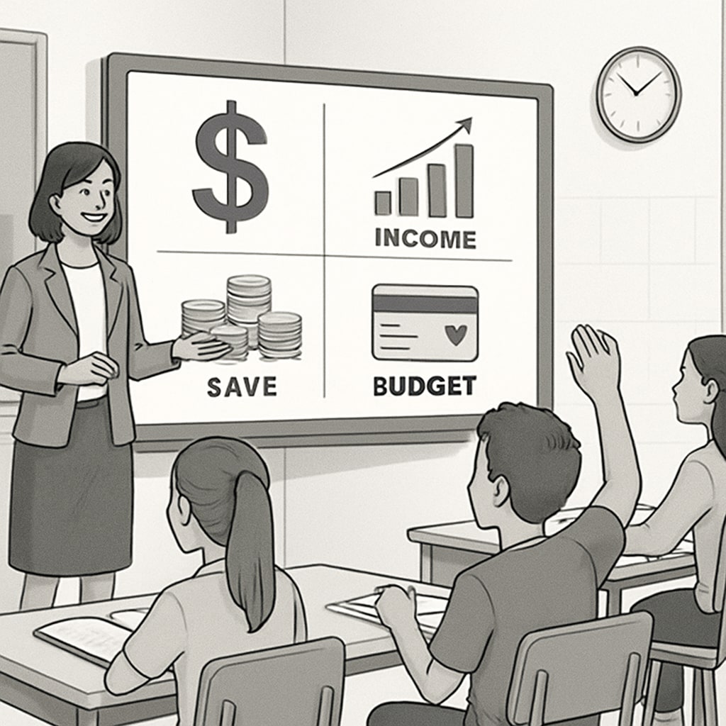 A modern classroom with students actively engaging in a financial literacy lesson using an interactive whiteboard. Students learning financial literacy concepts in a classroom.