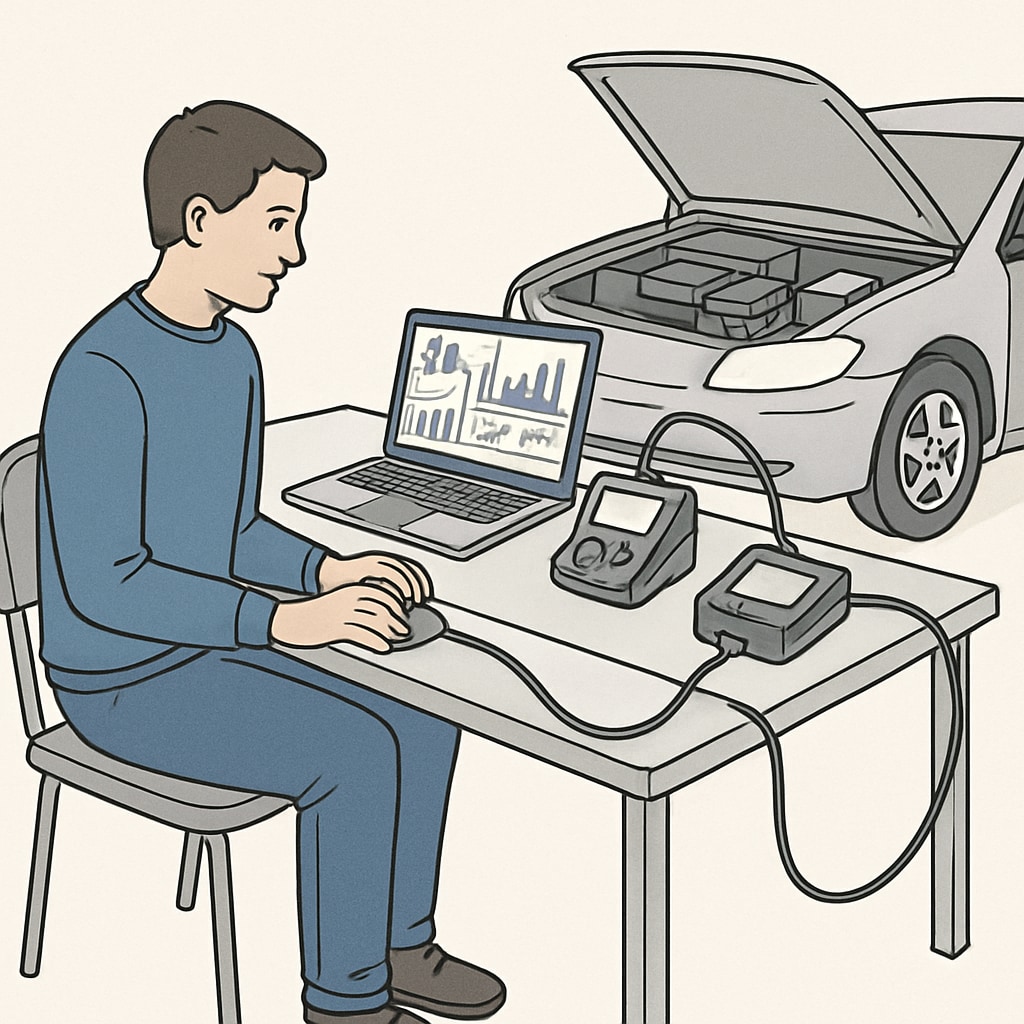 A detailed image showing a student working on automotive software, connected to diagnostic equipment. Student working on automotive diagnostic tools