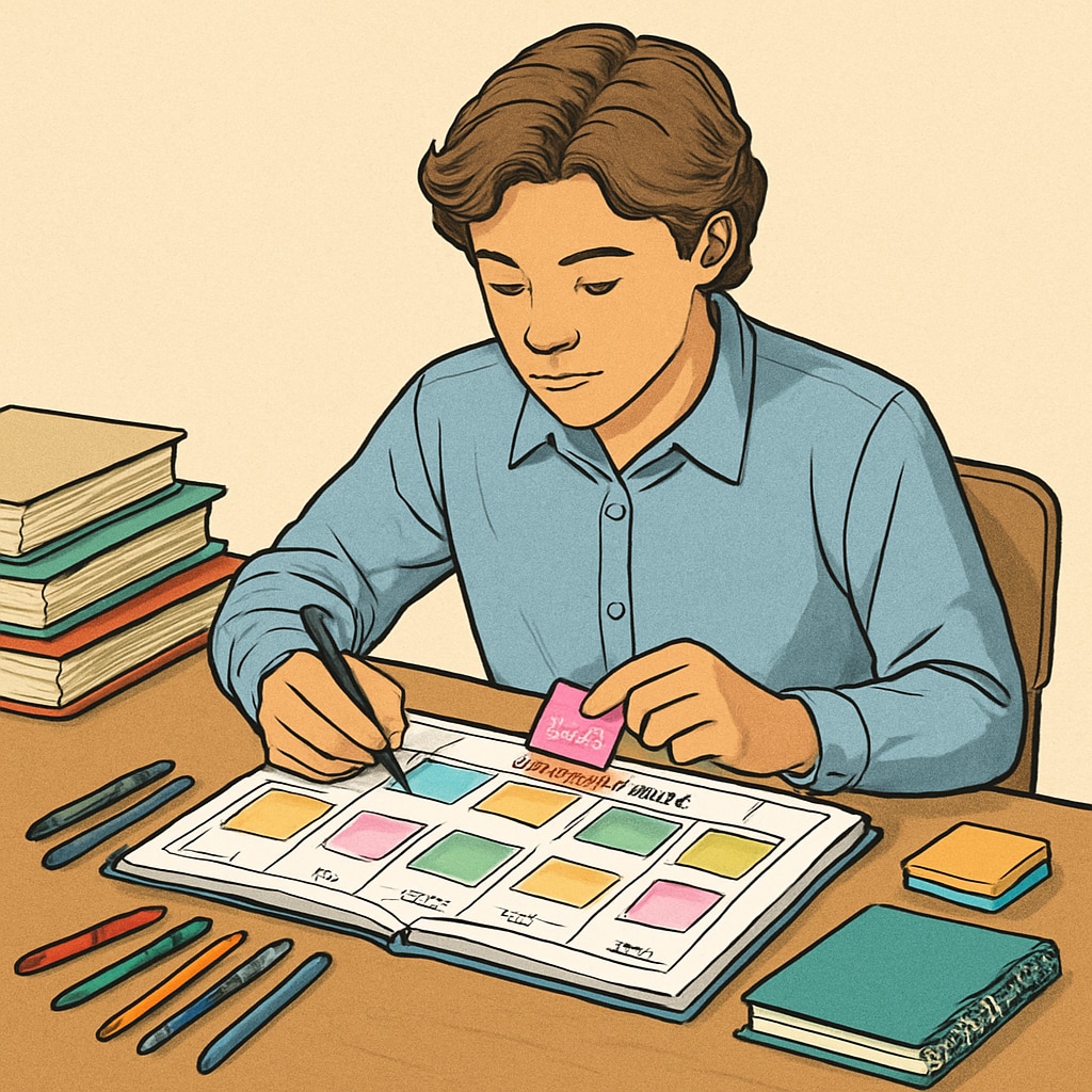A high school student organizing their weekly tasks using a planner and colorful sticky notes. A student practicing time management with a planner.