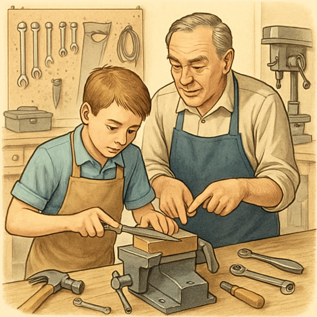 A young apprentice working in a workshop, gaining hands-on experience under the guidance of a mentor. Vocational training in the UK, featuring a young apprentice in a practical workshop.