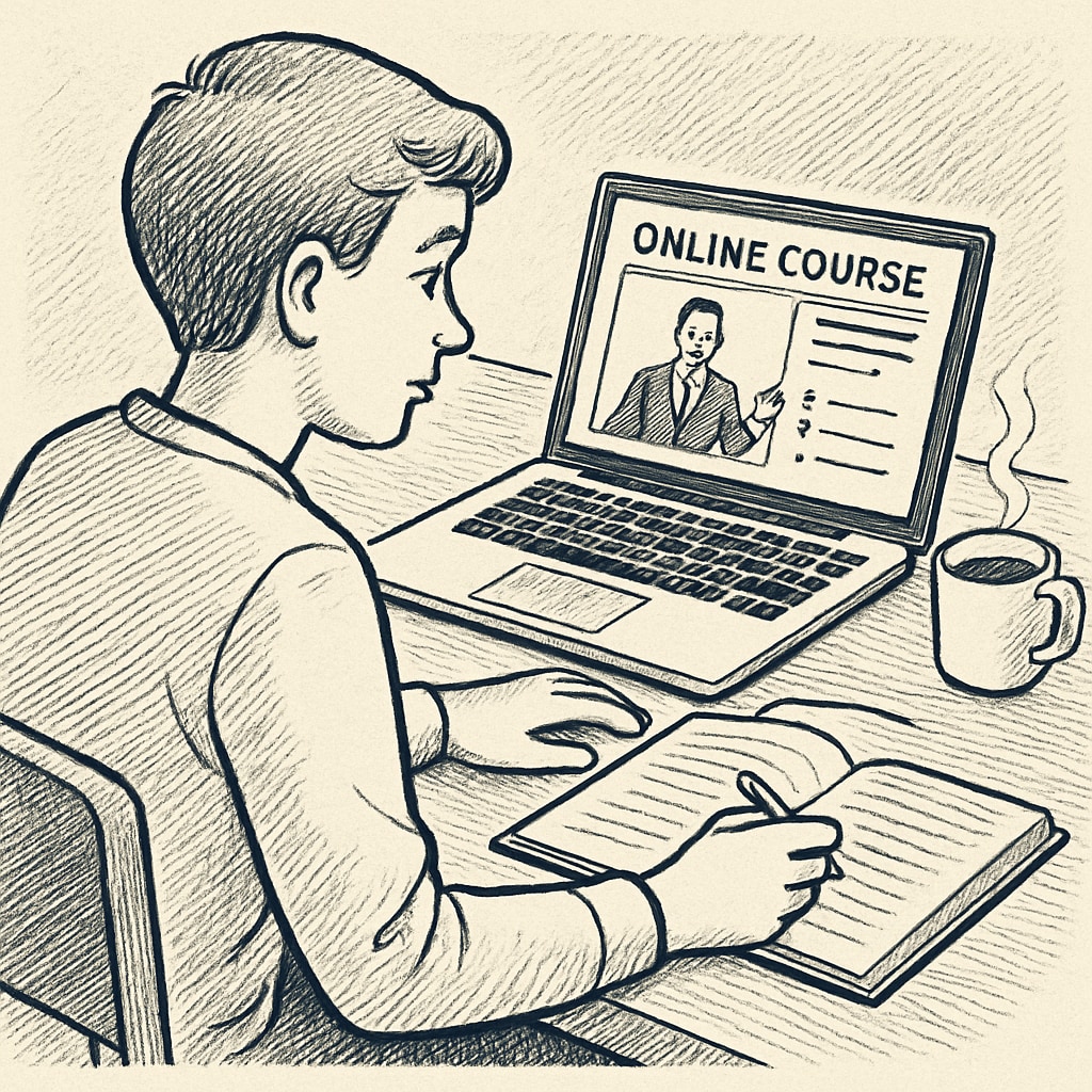 A student sitting at a desk, engaging with an online course on their laptop, with a notebook and coffee nearby. Remote learning in the UK, showing a student attending an online course.
