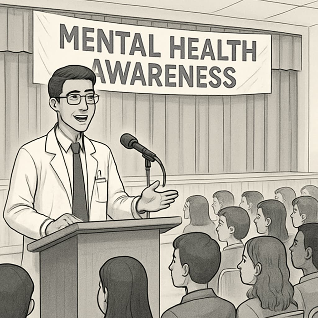 A medical student speaking during a mental health assembly to high school students. Medical student leading a discussion on mental health during a school event.