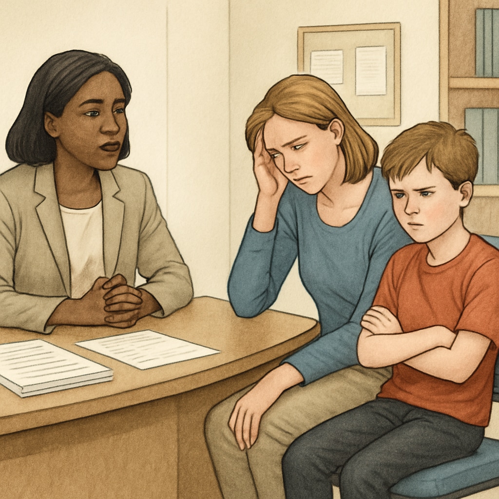 Frustrated parent and child at a school office, representing student transfer challenges.