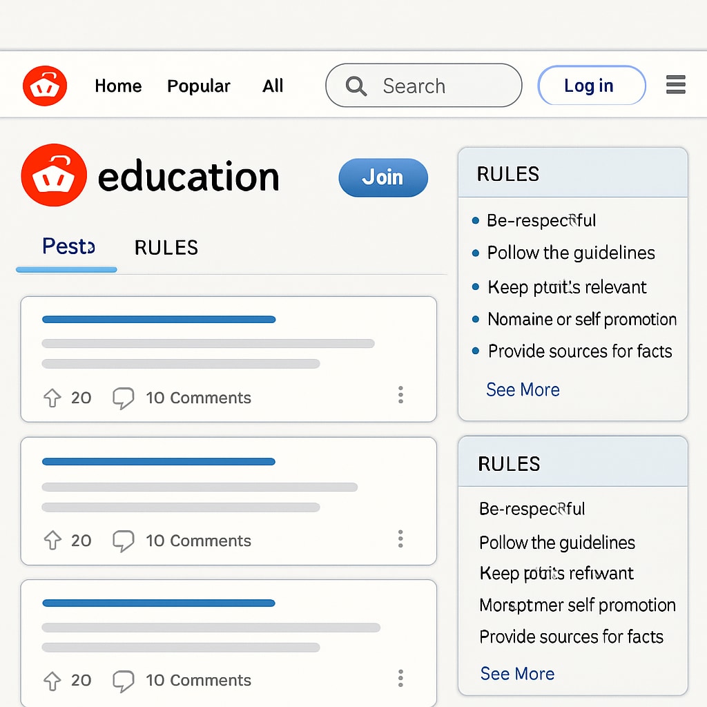 A screenshot of a Reddit education subreddit homepage with visible rules and navigation links. The image highlights community rules in the sidebar and user interactions in posts. Reddit education subreddit homepage showing education community rules and navigation.