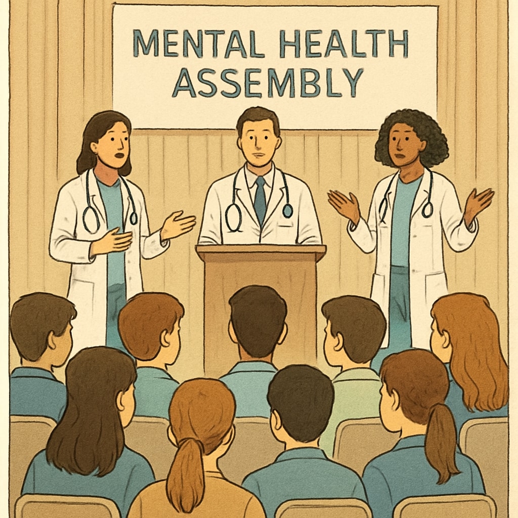 High school students actively participating in a mental health assembly led by medical students. Students engaging in group discussions during a mental health talk.