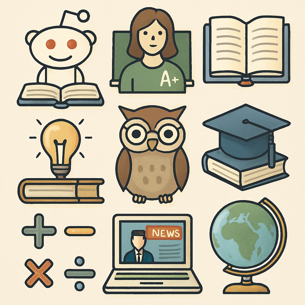 A collage of subreddit icons from education-related communities on Reddit, representing the diversity of educational resources available. Subreddit icons from Reddit education communities, showcasing various K12 learning resources.