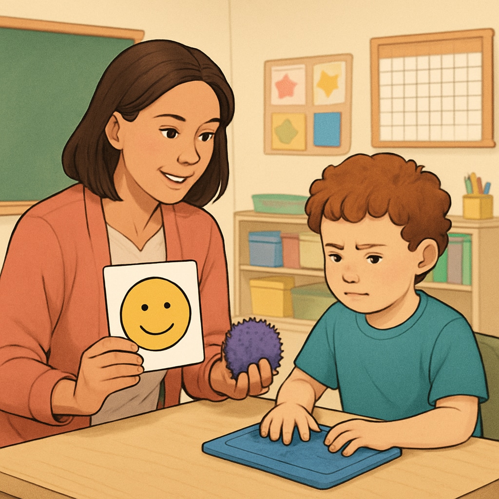A classroom setting with a teacher assistant engaging with a child on the autism spectrum through visual aids and sensory tools. Teacher assistant engaging a child on the autism spectrum with visual aids.
