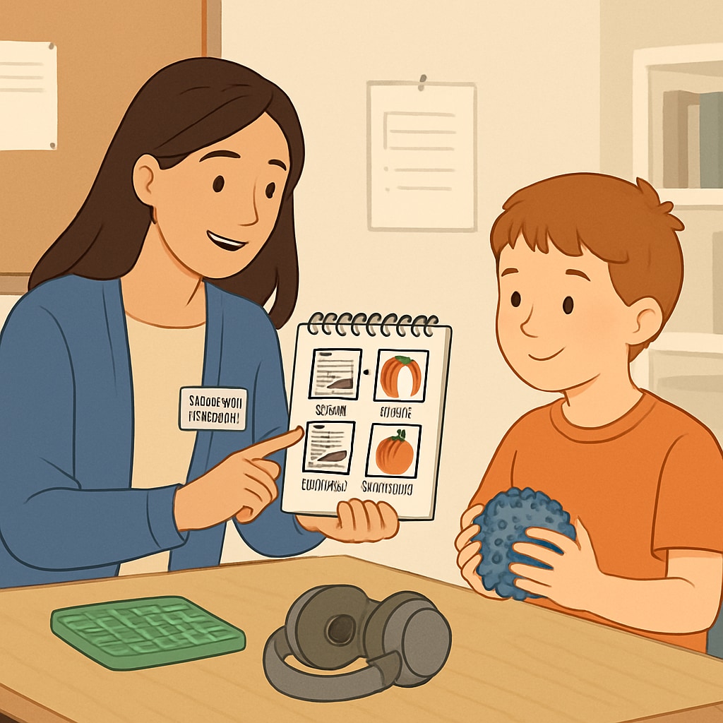 A teaching assistant using a visual schedule and sensory-friendly tools to interact with a child during a classroom activity. Teaching assistant using sensory tools with a child on the autism spectrum.