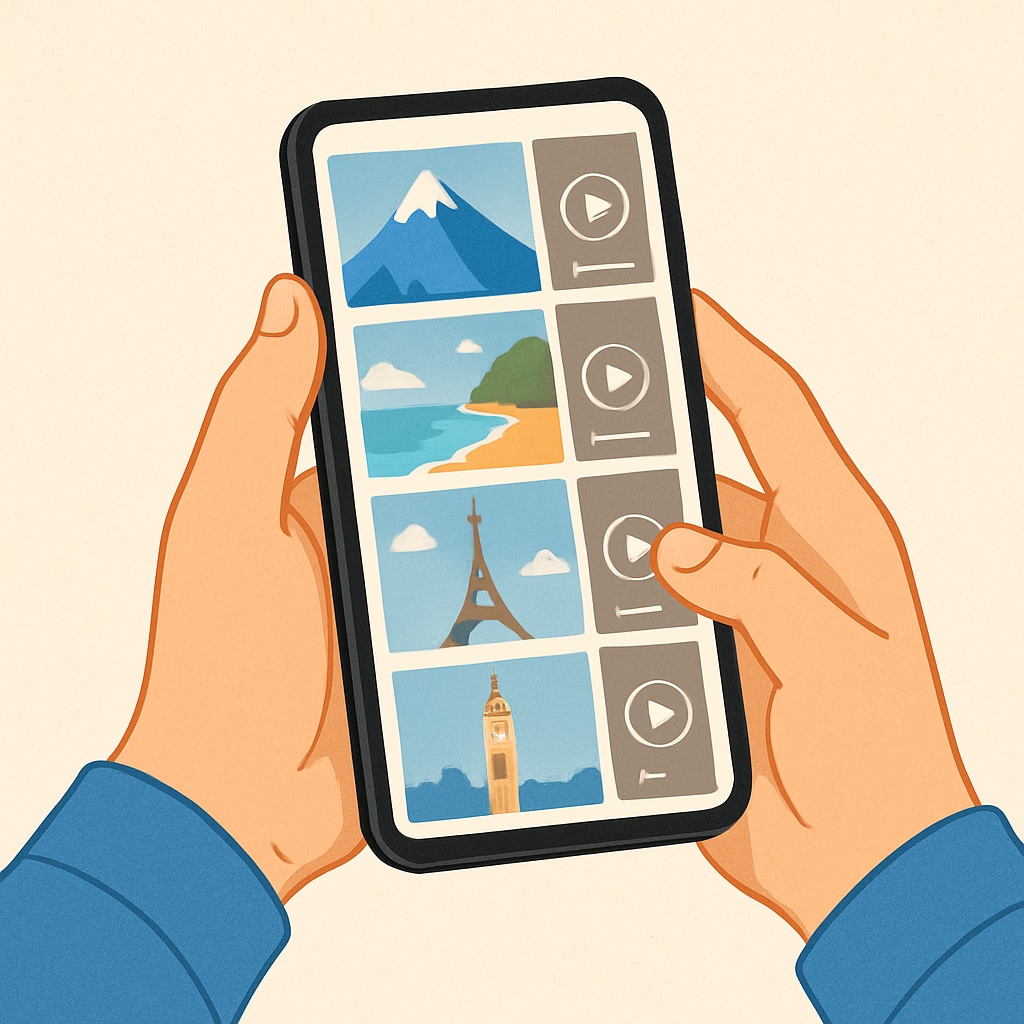 Watching short videos of scenic travel destinations on a smartphone.