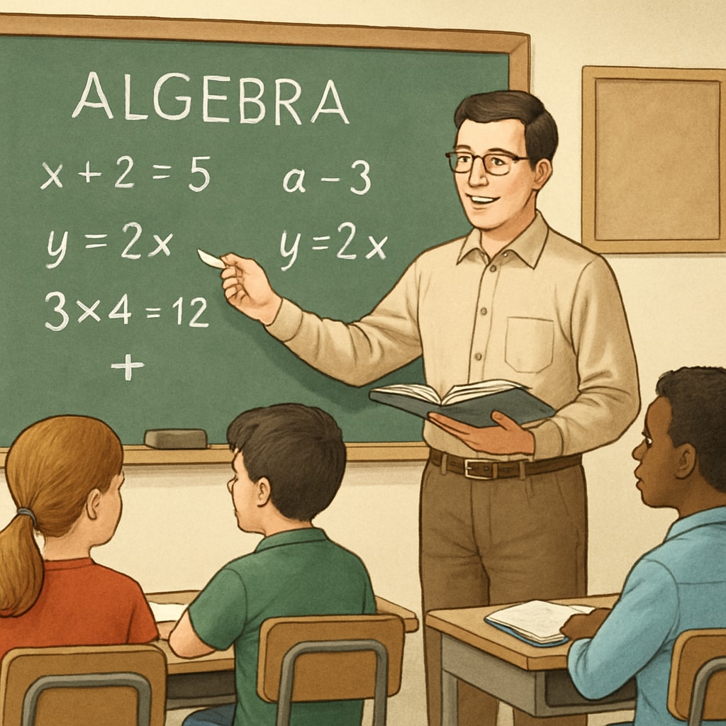A classroom setting with a teacher explaining basic algebra concepts to students, representing the importance of foundational math skills. A teacher explaining foundational math concepts in a classroom.