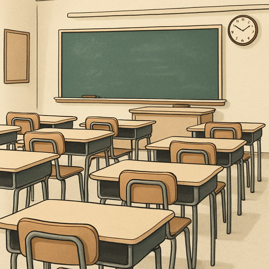 A classroom with empty desks, symbolizing substitute teacher shortages and coordinated teacher protests. Empty classroom desks highlighting Teacherless Tuesday and substitute shortages.