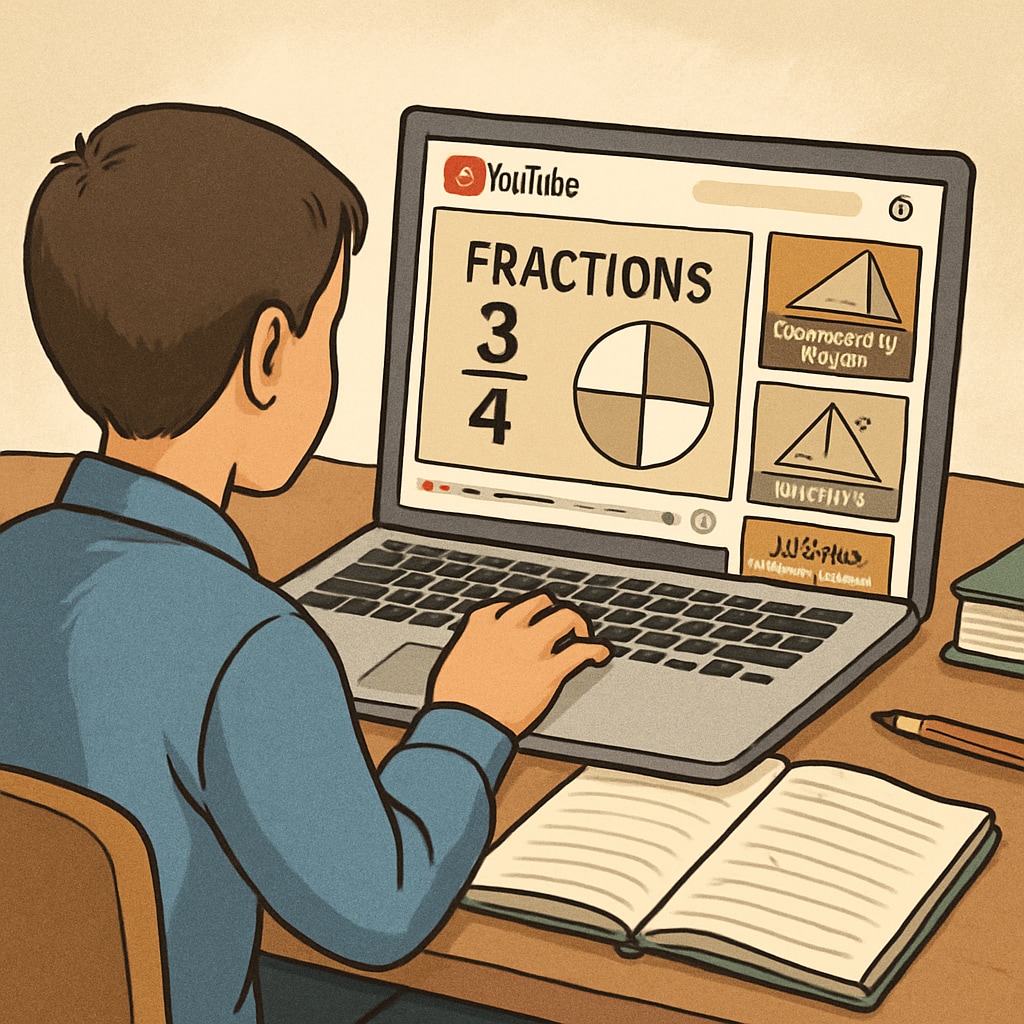 A person studying on a laptop with YouTube open, showcasing educational videos on math topics. A person learning math topics on YouTube for career preparation.
