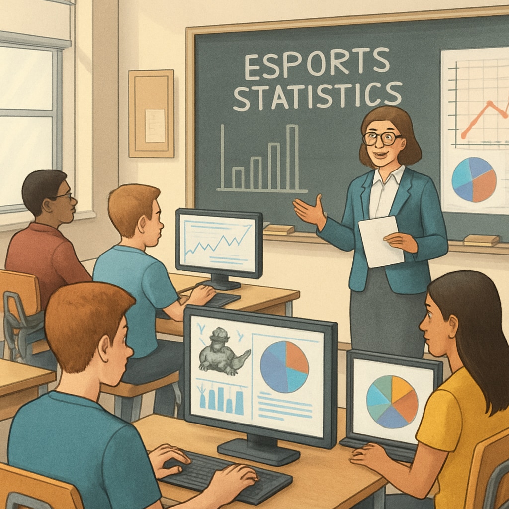 A classroom setup featuring students analyzing game data for a lesson in statistics, highlighting the educational benefits of esports. Students using esports data for statistical learning in class, emphasizing game-based learning innovation.