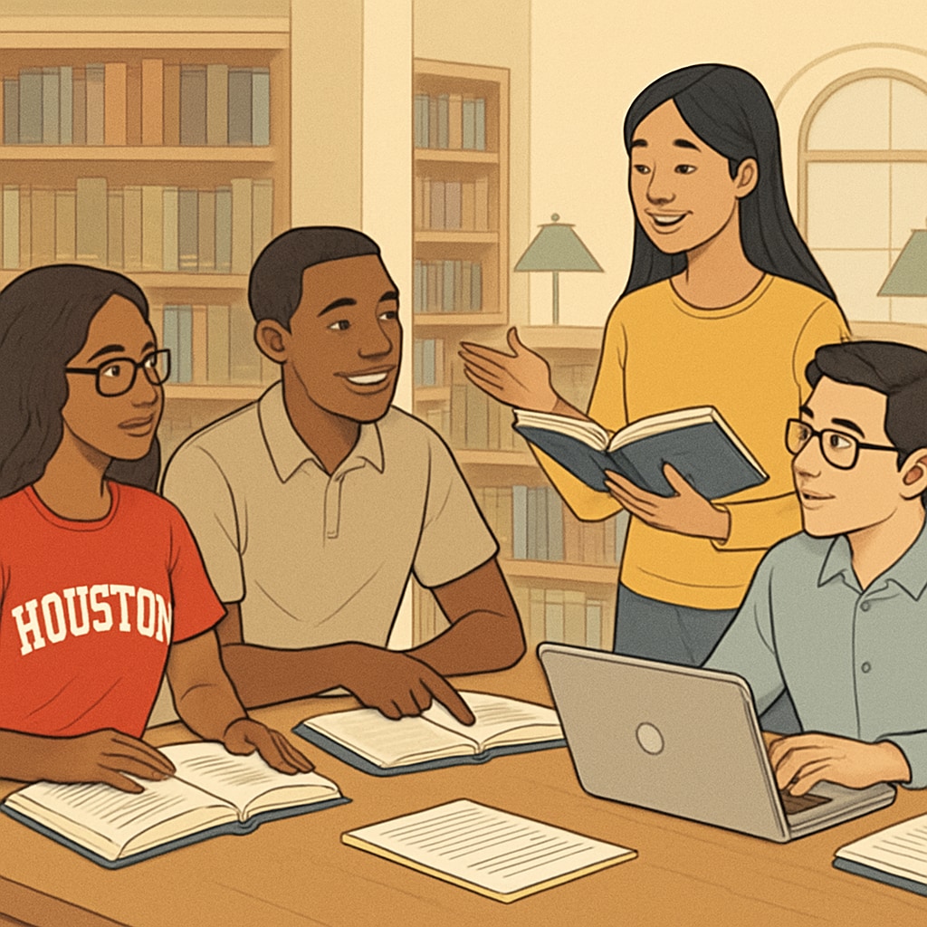 University of Houston students collaborating in a study group in the library.
