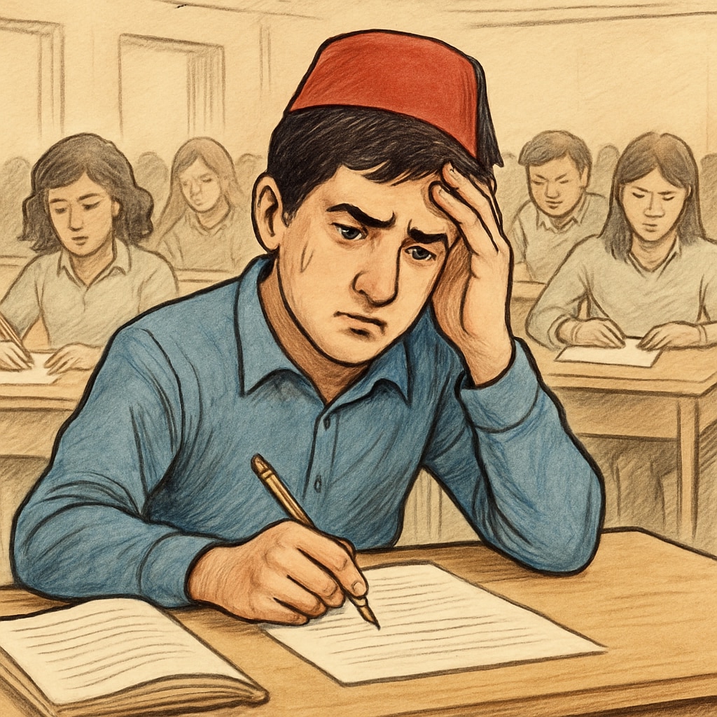 A Turkish student sitting in a crowded exam hall with a stressed expression, illustrating the pressure of standardized testing. Turkish student under exam pressure in a standardized testing environment