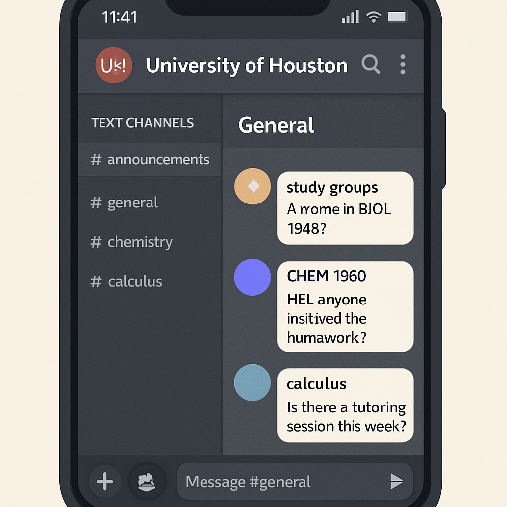 Discord server focused on University of Houston study groups displayed on a mobile device.